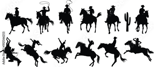 Flat vector cowboy cowgirl silhouettes horse riding rodeo western culture illustration