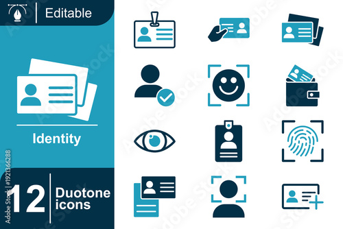 Collection of 12 duotone icons representing identity verification, security, personal data, access control, and identification methods, perfect for digital and print media
