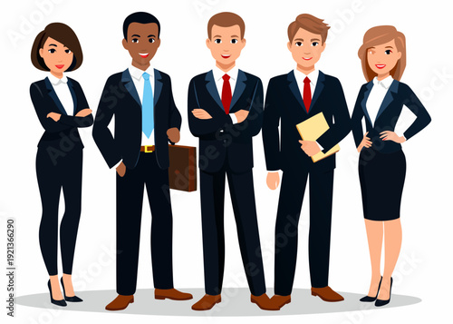 Diverse group of business professionals standing in a row smiling