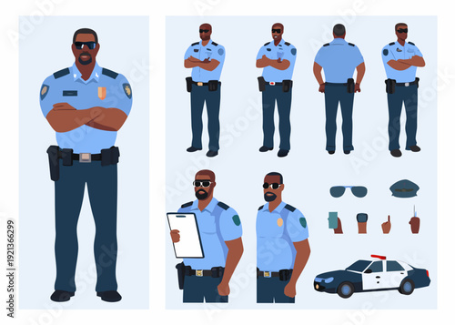 Police officer character design sheet with various poses and accessories