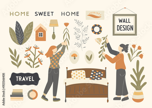 Illustrative home decor scene with people arranging plants and furniture