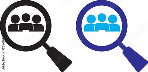 hiring icon set. Search job icon. vacancy sign. search people. Person avatar. Search profile icon. Magnifier with user avatar for identity look and candidate analysis vector illustration. Hiring and 