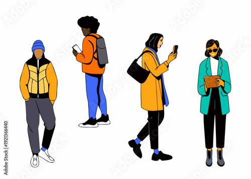 Four people walking each absorbed in their mobile phones