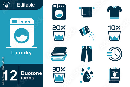 12 Editable Duotone Icons for Laundry, Clothes Washing, and Fabric Care, Featuring Washing Machine, Detergent, and Laundry Products