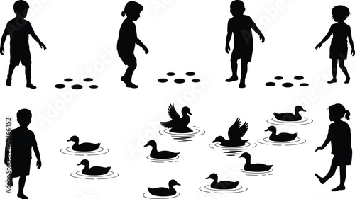 Flat vector children silhouettes, ducks interaction, outdoor play, nature learning activity