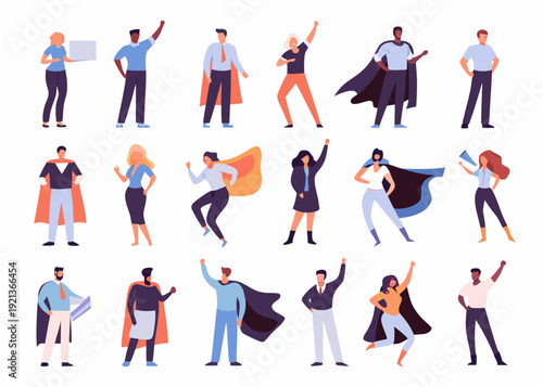 Diverse group of people celebrating success some depicted as superheroes