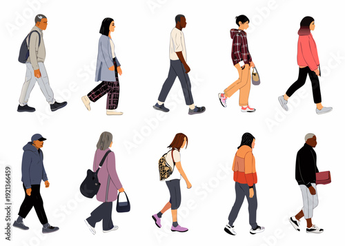 Diverse group of people walking in a minimalist illustration style