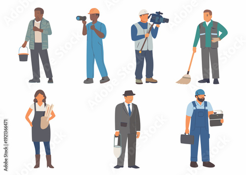 Diverse group of workers in colorful flat vector illustration style