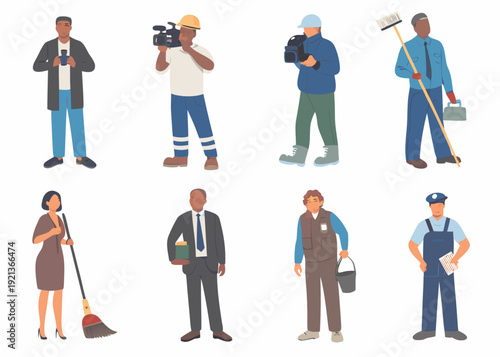 Diverse group of people in various professions depicted as colorful vector illustrations