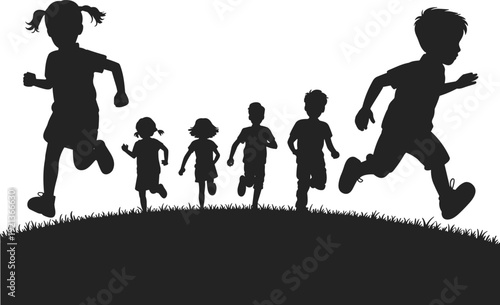 Flat vector children running silhouettes, grassy hill, outdoor play, joyful motionFlat vector children running silhouettes, grassy hill, outdoor play, joyful motion