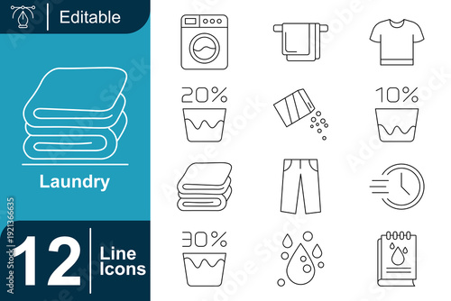 A collection of simple line icons representing various laundry services and related tasks, including washing, drying, and clothing care symbols