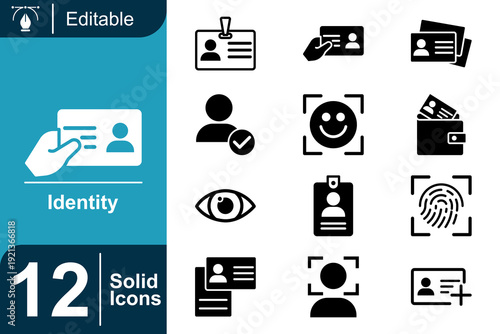 Collection of Solid Icons Representing Identity Verification and Personal Identification Including ID Cards, Biometrics, and Security Features