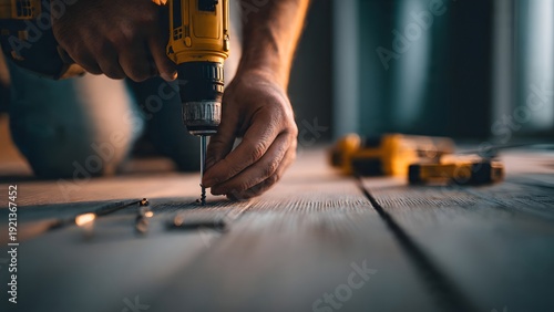 A close up shot captures a person's hands using a yellow power drill to drive a screw into a wooden floor, highlighting construction and craftsmanship.