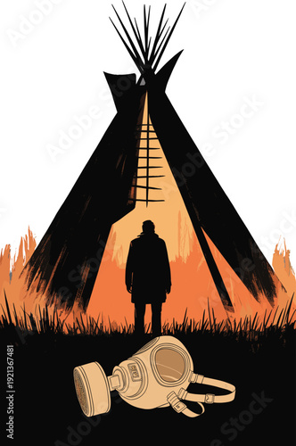 Silhouette man standing before burning teepee with gas mask foreground, survival concept illustration isolated background dramatic scene