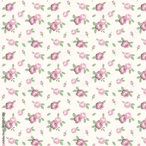 Seamless vintage floral pattern with pink roses, buds, and green leaves on a light background. Perfect for fabric, wallpaper, wrapping paper, and textile design.