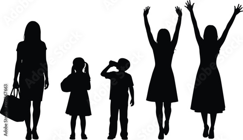 Family silhouettes adults children walking celebrating activity illustration design flat vector