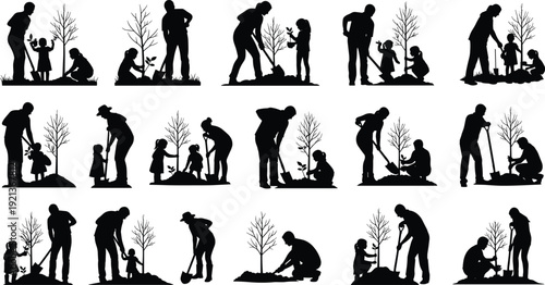 Family silhouette planting trees children adults environment ecology flat vector