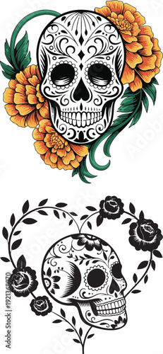 Floral Sugar Skull Heart Connection Day of the Dead