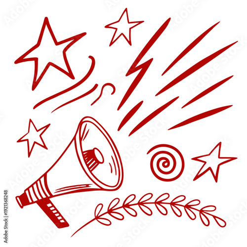 A red drawing of a megaphone with stars and lightning bolts Vector
