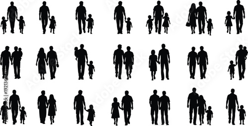 Family diversity silhouette parents children inclusive relationships flat vector