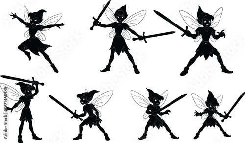 Fairy warrior silhouettes sword fighting wings fantasy combat poses flat vector