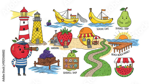 Whimsical Fruit Town Illustration: A colorful and imaginative illustration showcasing a playful town inhabited by anthropomorphic fruits, featuring charming buildings, boats, and a lighthouse. 