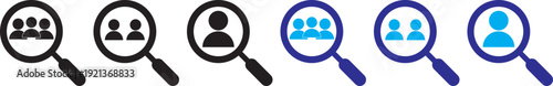 hiring icon set. Search job icon. vacancy sign. search people. Person avatar. Search profile icon. Magnifier with user avatar for identity look and candidate analysis vector illustration. Hiring and 