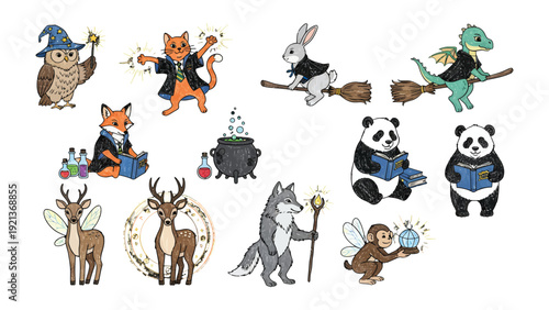 Enchanting Creatures: A whimsical illustration showcases a collection of captivating animals, each adorned in magical attire, perfect for storybooks or fantastical designs. 