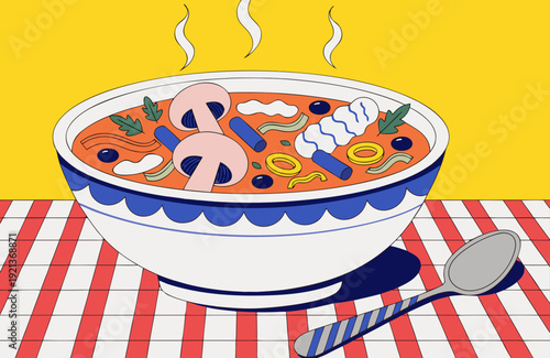 Comfort Food And Healthy Eating Bowl Of Hot Soup With Vegetables And Mushrooms On Tablecloth Promoting Wellness And Nutrition In Food Campaigns