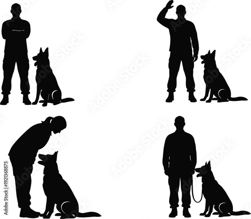 Dog training silhouettes obedience communication leash activity illustration design flat vector