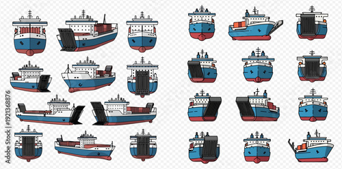 Collection of vector illustrations showing a cargo landing craft from front, side, and isometric views.