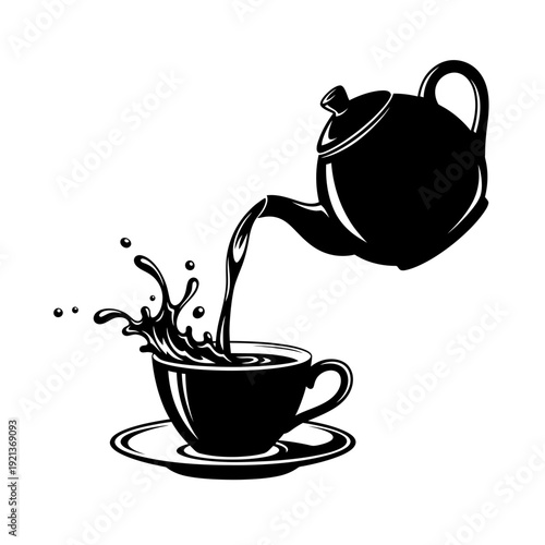  Black Silhouette Teapot Pouring Hot Tea Vector Illustration