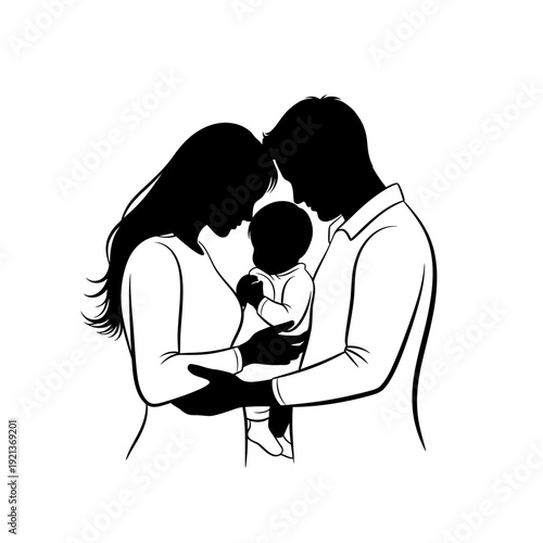 Silhouette Family Embracing Newborn – Parental Love Outline

