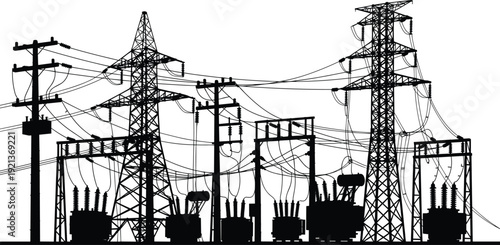 Electrical substation and transmission infrastructure silhouette with towers, poles, transformers, and power lines representing energy distribution and grid systems