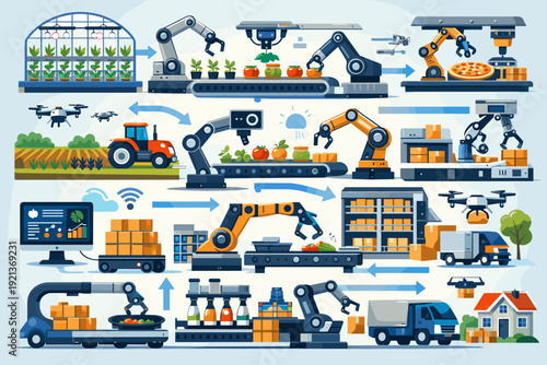 Automated agriculture and food supply chain with robots, drones and smart farming systems illustration