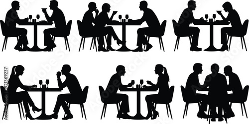 Dining silhouette people conversation social interaction tables drinks flat vector