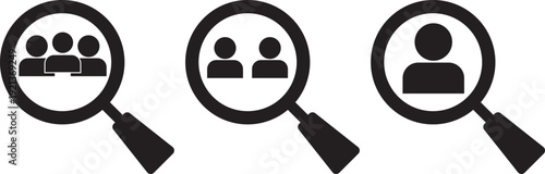 hiring icon set. Search job icon. vacancy sign. search people. Person avatar. Search profile icon. Magnifier with user avatar for identity look and candidate analysis vector illustration. Hiring and 