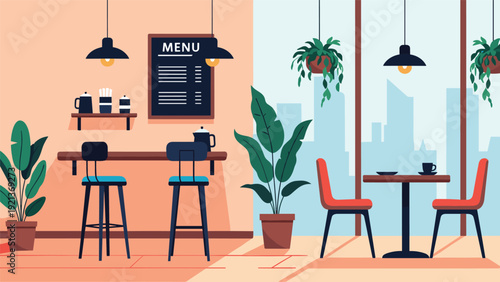 Modern cafe or restaurant interior scene featuring bar stools a menu board large windows with city views and indoor plants.