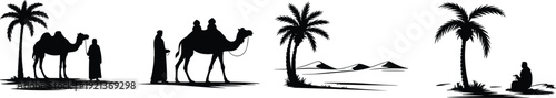 Desert camel riders palm trees oasis silhouette illustration flat vector