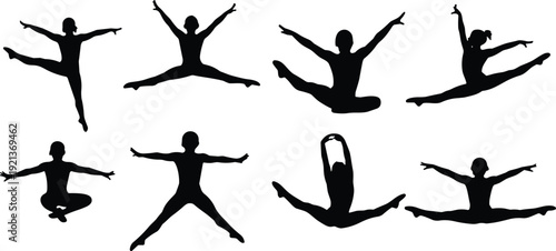 Dance silhouettes jumping split leaps straddle poses flexibility grace flat vector