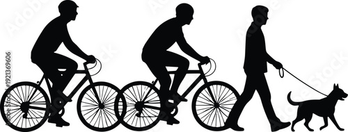 Cycling silhouettes dog walking outdoor lifestyle activity illustration design flat vector