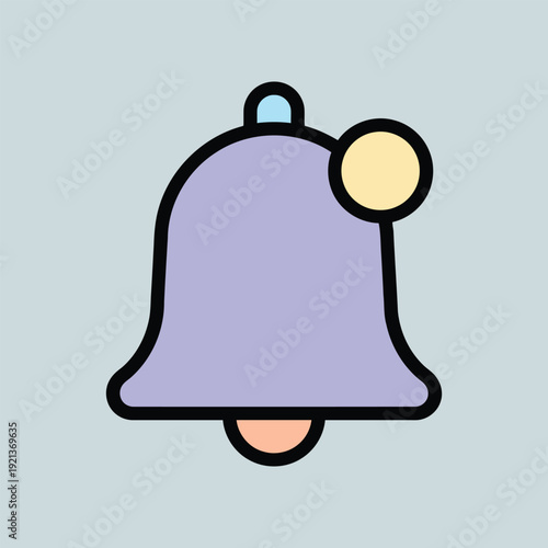 Vector illustration of colorful cartoon bell icon with yellow circle on right side and black outline on light blue background
