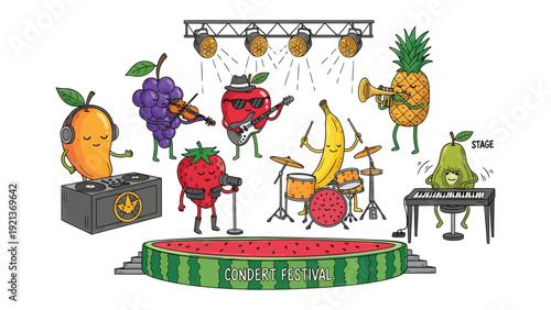 Fruit Concert Festival: An animated, lively concert featuring anthropomorphic fruits playing musical instruments on a watermelon stage, creating a vibrant and playful scene.