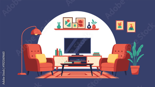 Cozy living room interior featuring two red armchairs a television set on a console table and decorative items on shelves.