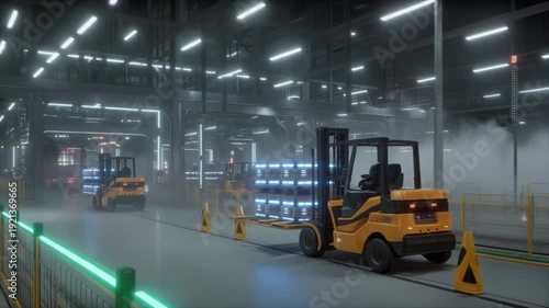Forklifts transporting materials in a futuristic factory