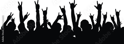 Crowd silhouettes raising hands cheering rock concert unity celebration flat vector