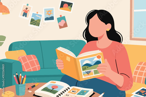 Person scrapbooking on couch with open photo album, colorful supplies on table, cartoon illustration of cozy living room with hanging photos and creative atmosphere.