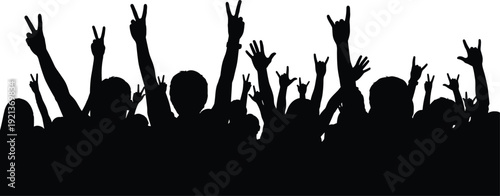 Crowd silhouettes cheering celebrating unity raised hands concert excitement flat vector