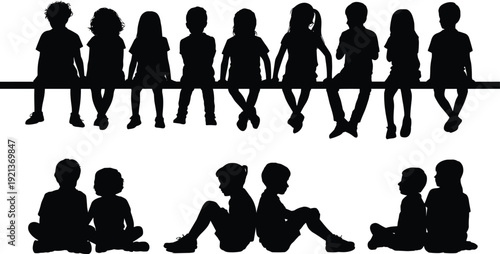 Silhouettes of children sitting together isolated on white background childhood friendship concept illustration set