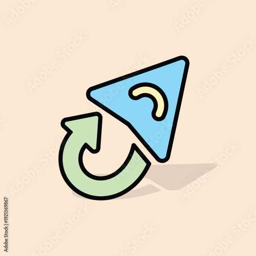 Vector illustration of a stylized illustration of a blue triangle with a yellow arc and a green curved arrow on a beige background